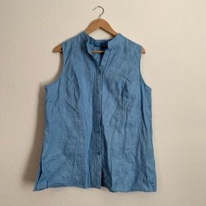 Blue Sleeveless Embroidered Linen Blouse Size 1X